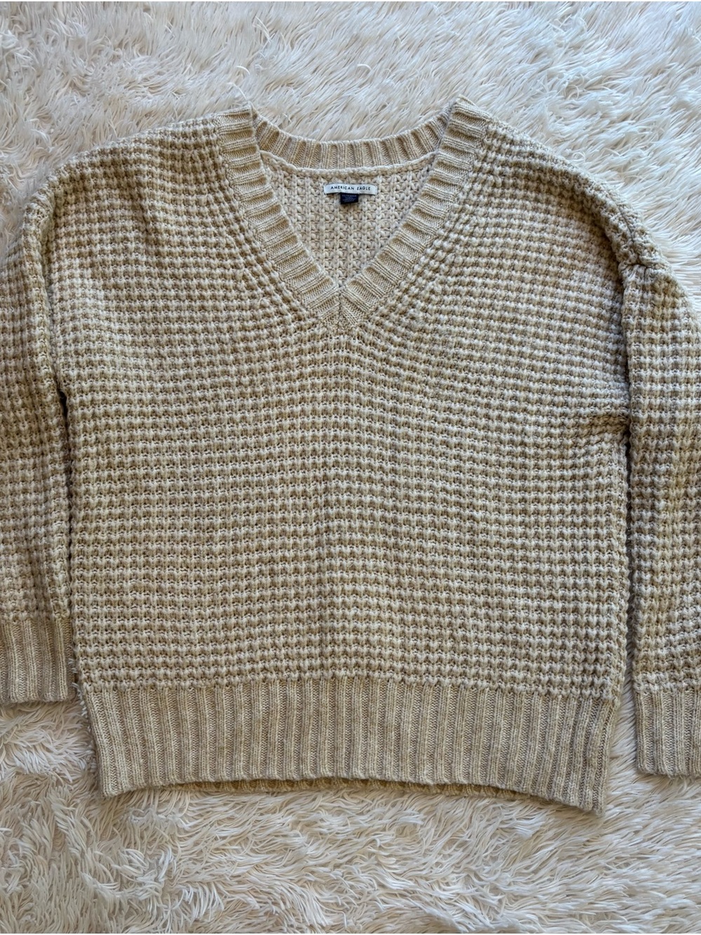American Eagle Outfitters Cream Waffle V-Neck Sweater
